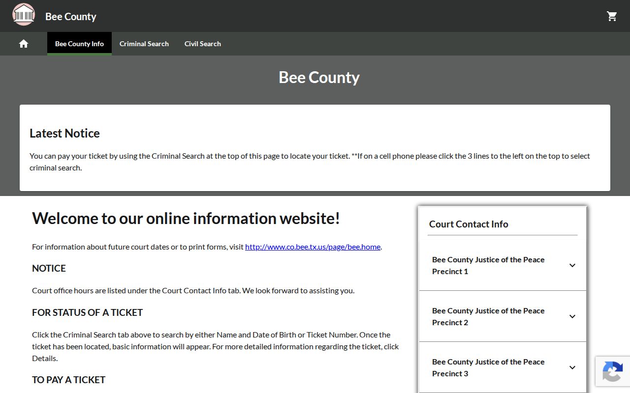 Bee County traffic court records payment landing